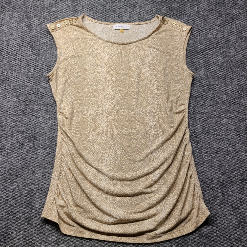 Calvin Klein Womens Tan Snakeskin Ruched Sleeveless Blouse Gold Button Shoulder